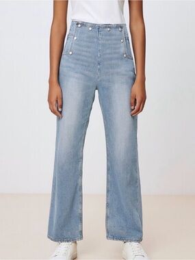 Zara Sailor Pearl Snap Button High Waist Wide Leg Jeans Size 4 Light Wash